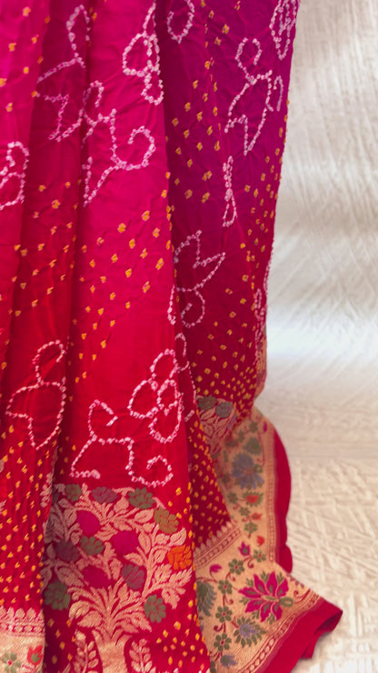 Tilfi Bandhej Shaded Pink-Red Meenakari Saree