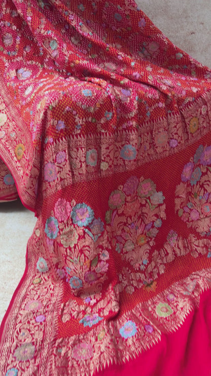 Real Zari Intricate Meenakari Jaal Red Bandhej
