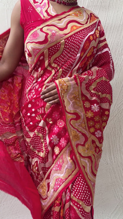 Modern Weaving Meenakari Red Bandhej Saree