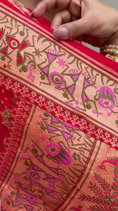 Georgette Warli Jaal Weaving Red Bandhej Saree