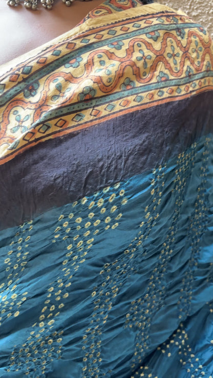 Chiniya Ajrakh Bharti Bandhej (Navy Blue) Saree