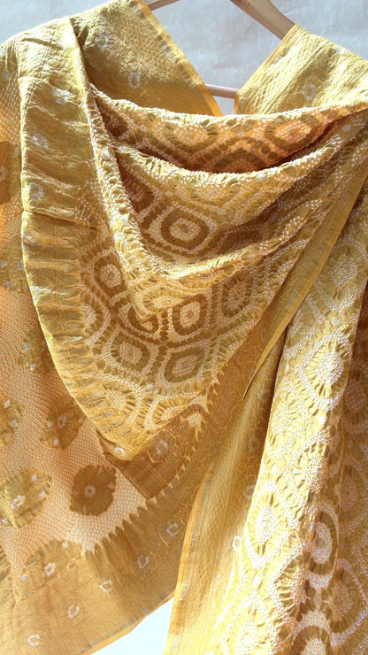 Georgette Sona Rupa Jaal Yellow Bandhej Dupatta