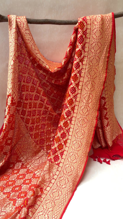 Georgette Jaal Weaving Bandhej Orange Dupatta