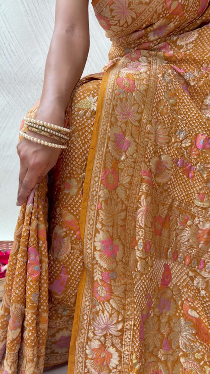 Georgette Figure Meenakari Jaal Mustard Bandhej Saree