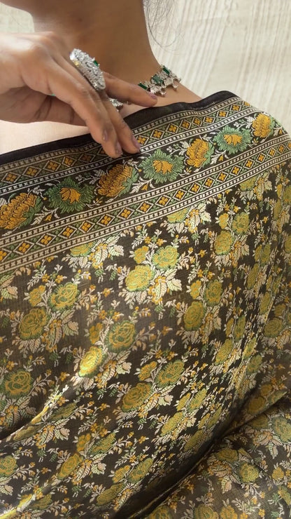 Katan Tanchoi Floral Green Saree