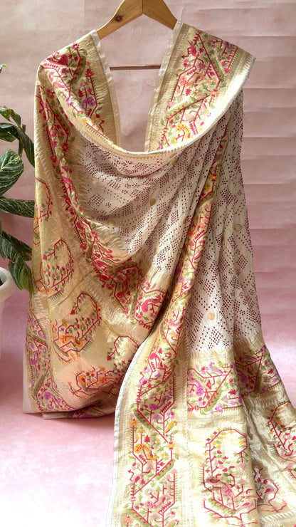 Katan Boota Paithani Meenakari Red Rai Dana White Bandhej Dupatta