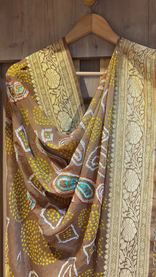 Embroidered Georgette Brown Bandhej Dupatta