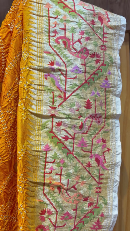 Katan Paithani Meenakari Yellow-White Bandhej Dupatta
