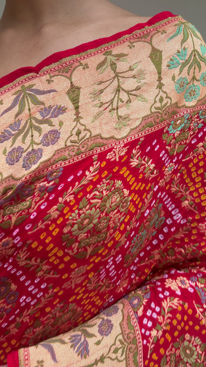 Red Neemzari Tilfi Meenakari Bandhej Saree