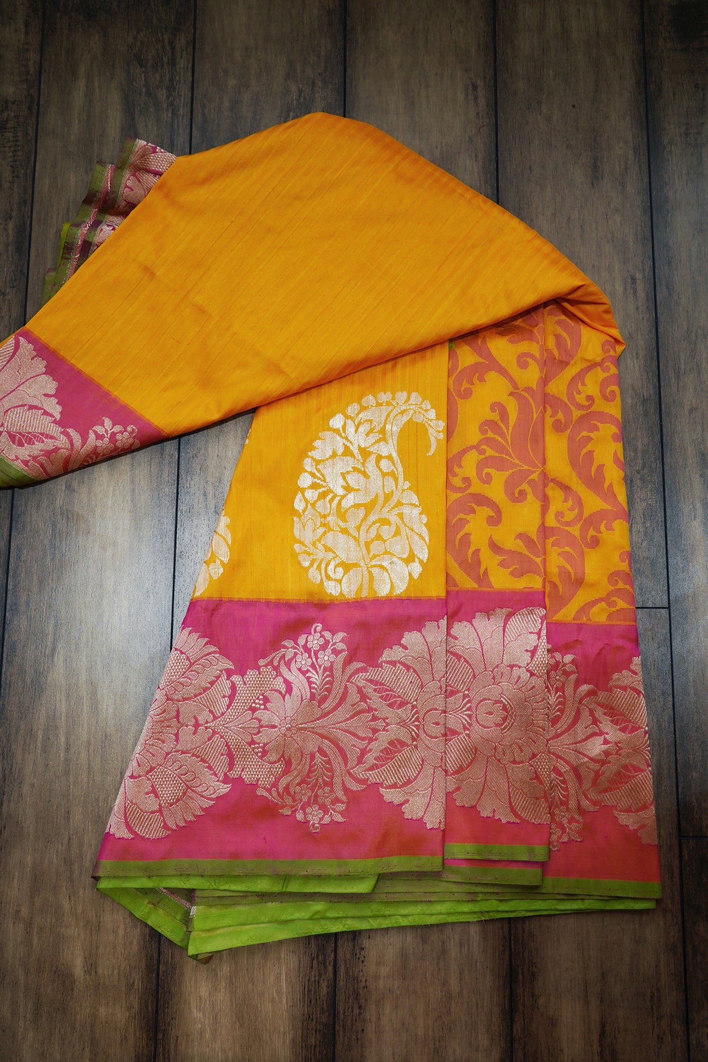 Yellow Katan – Pink Thread Weaving Saree
