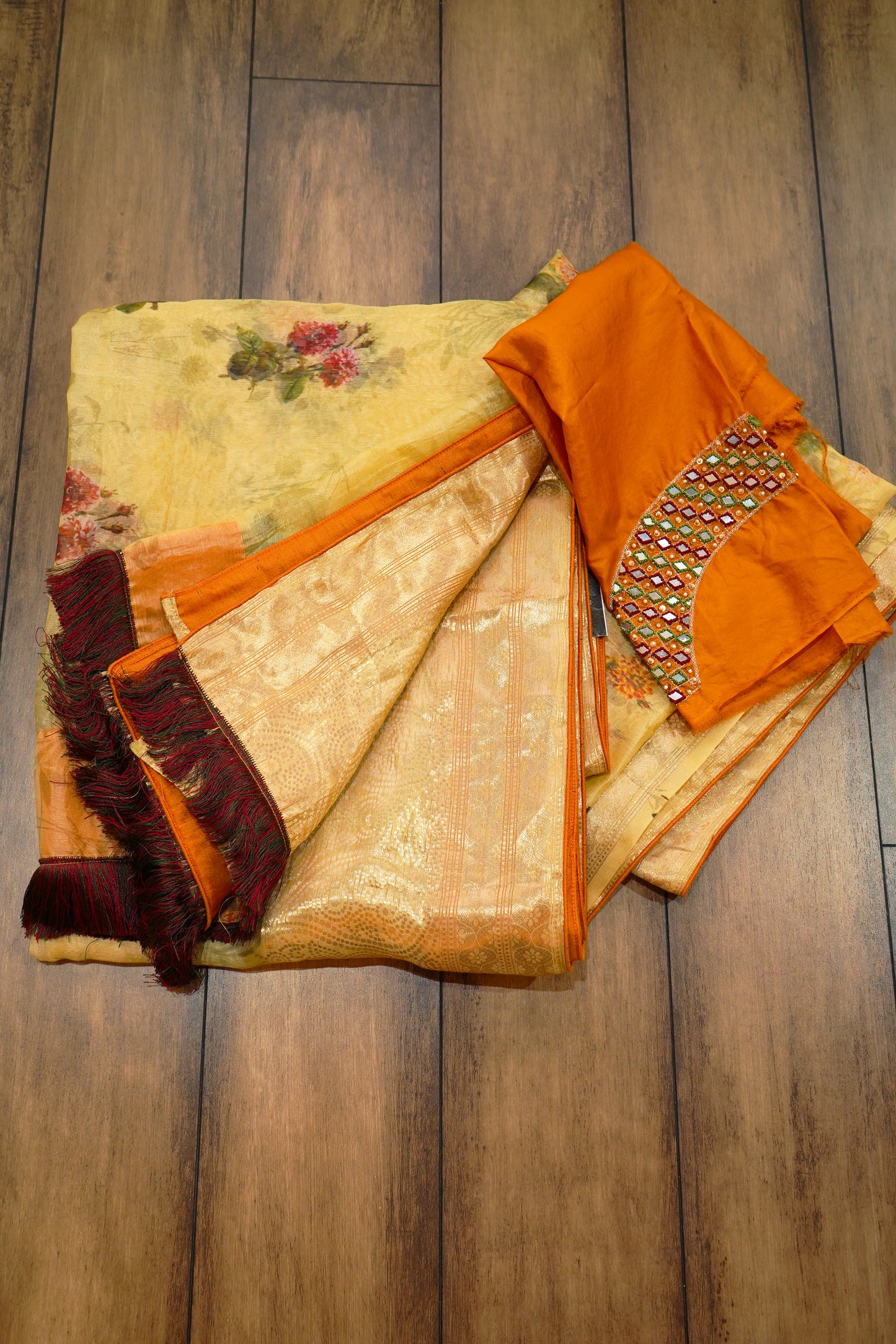 Floral Kora Saree (Yellow)