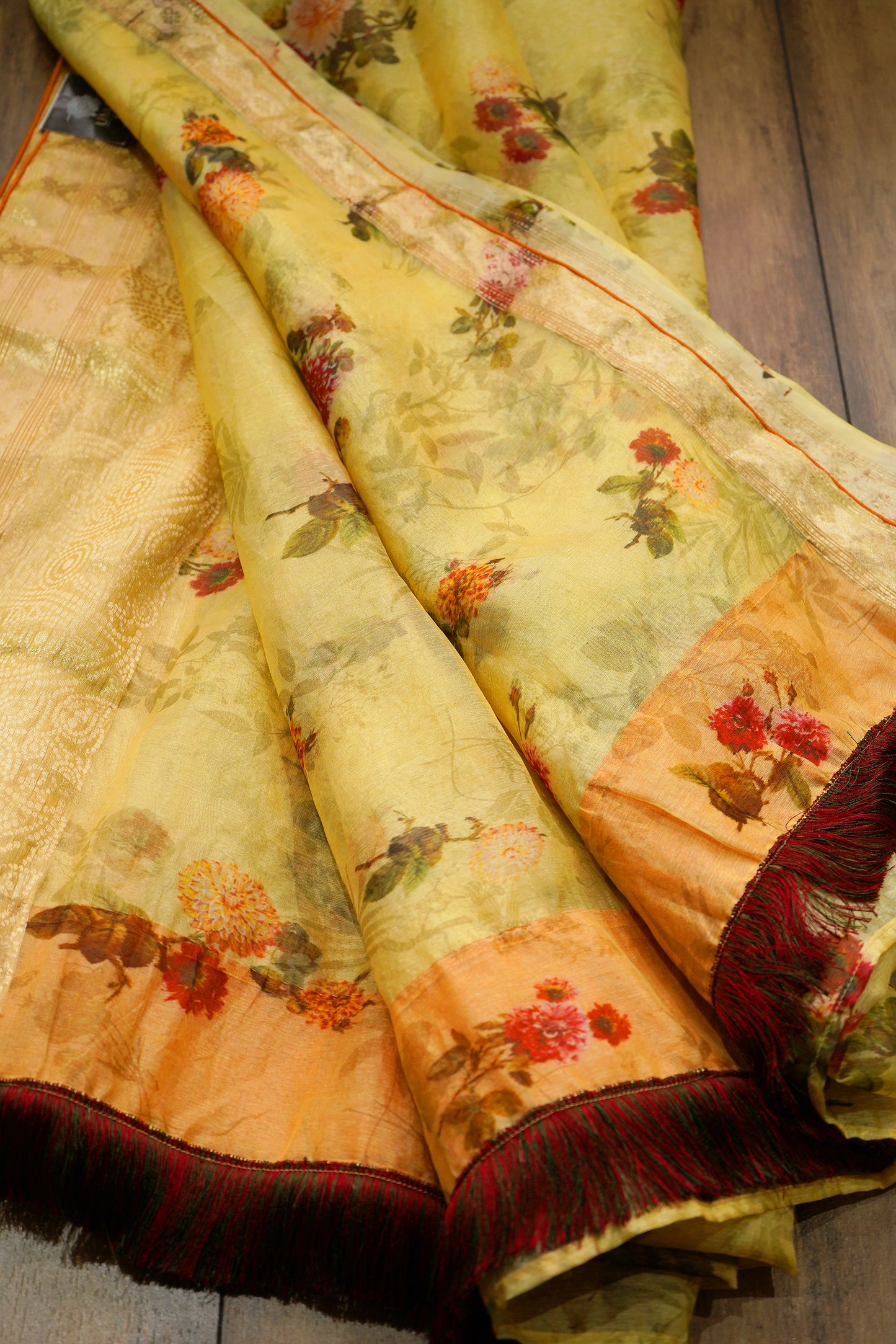 Floral Kora Saree (Yellow)