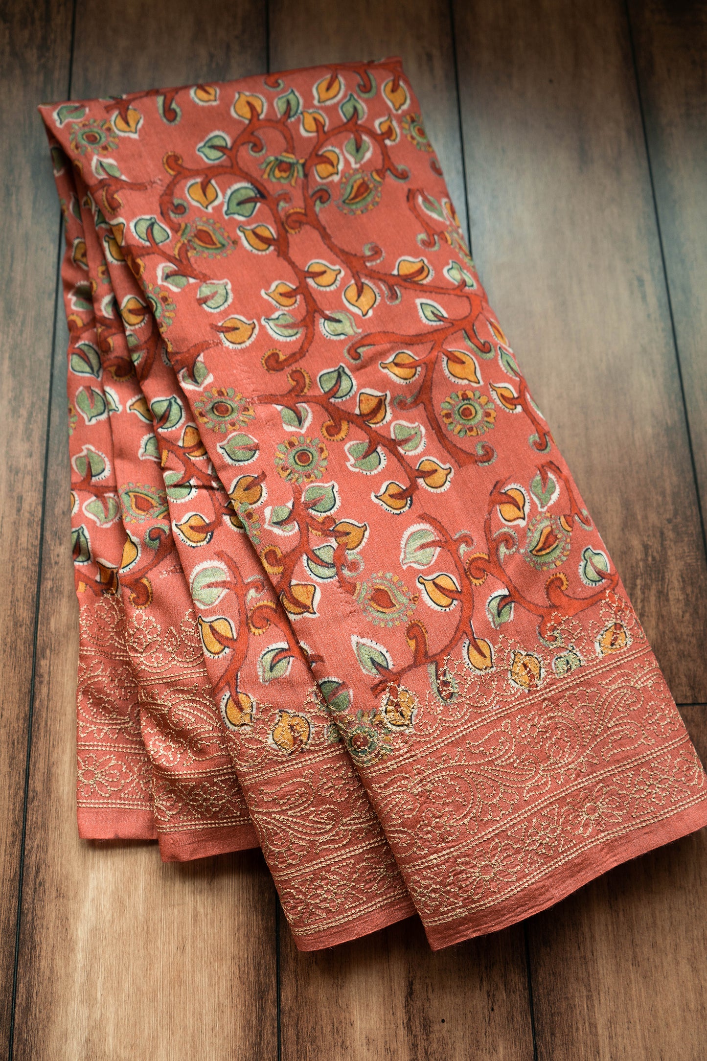 Red Pink Moonga Printed Embroidered Saree