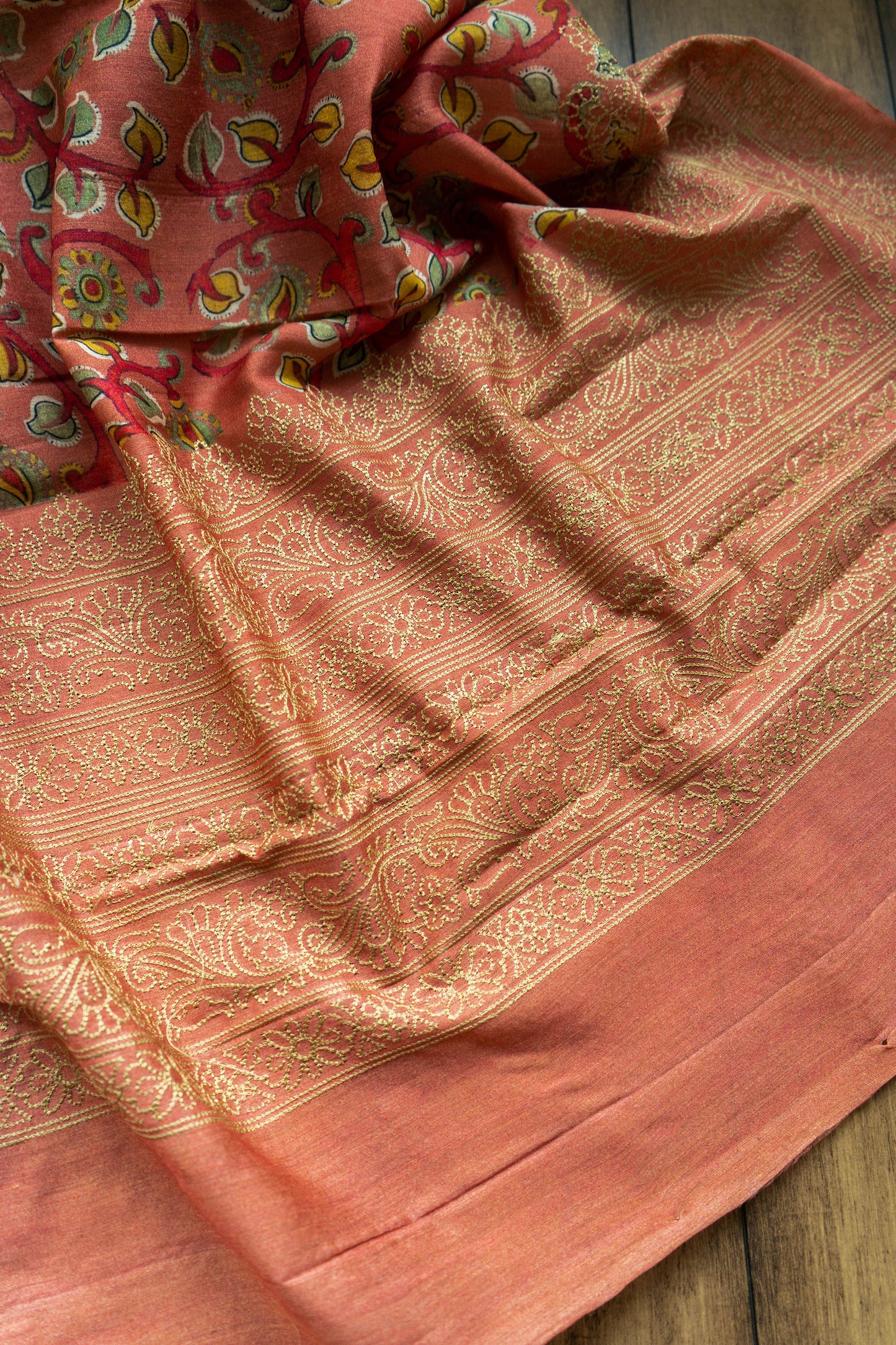 Red Pink Moonga Printed Embroidered Saree