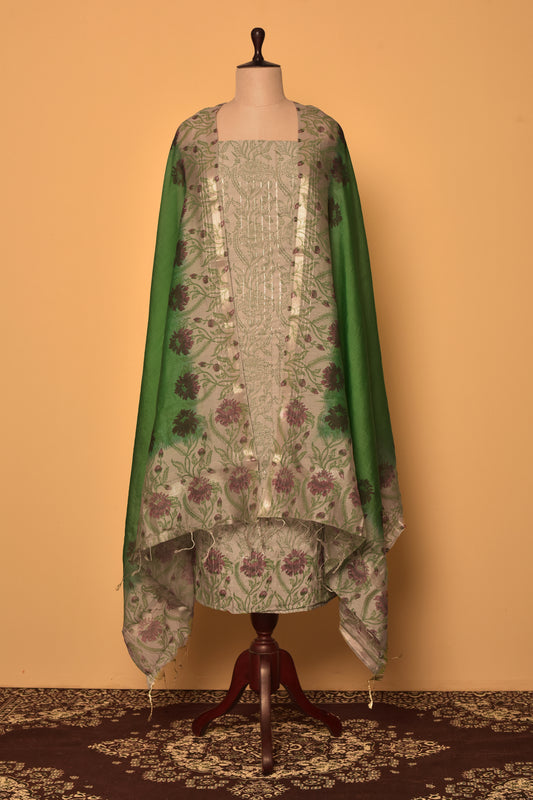 Crushed Zari Stripes Printed Green Set
