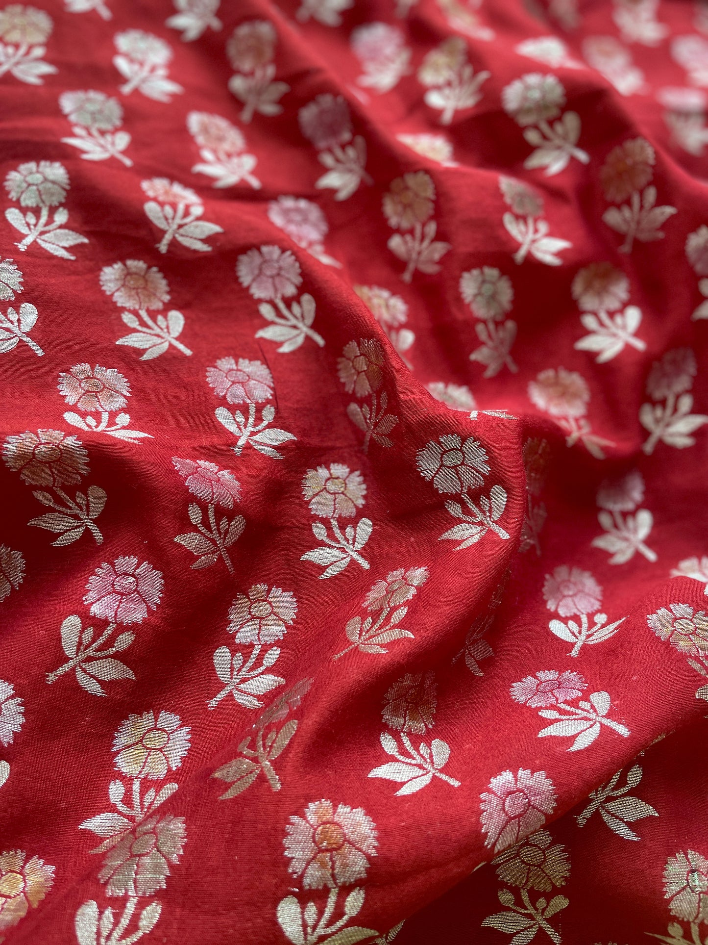Red Meenakari Palm Silk Fabric