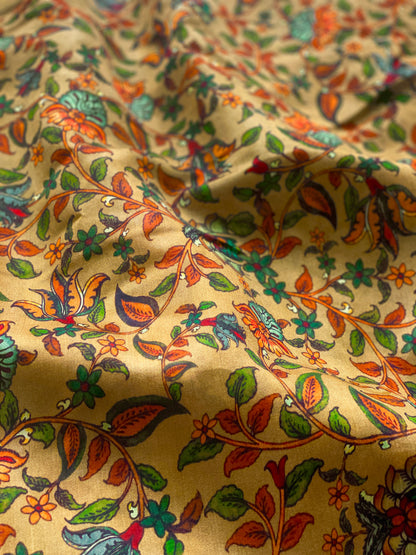 Tussar Moonga Floral Painted Mustard Fabric