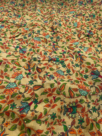 Tussar Moonga Floral Painted Mustard Fabric
