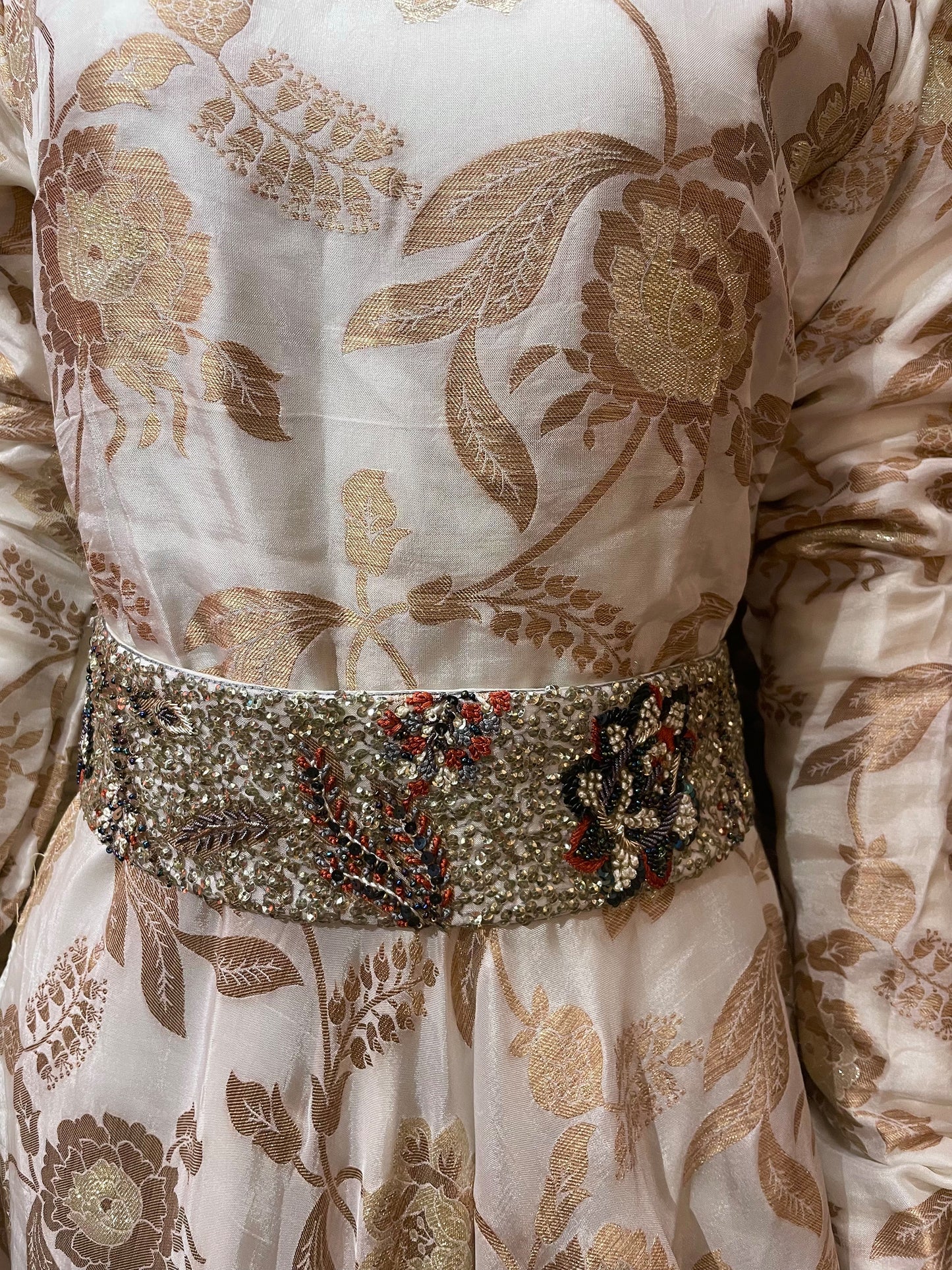 White Floral Gown with Embroidered Belt