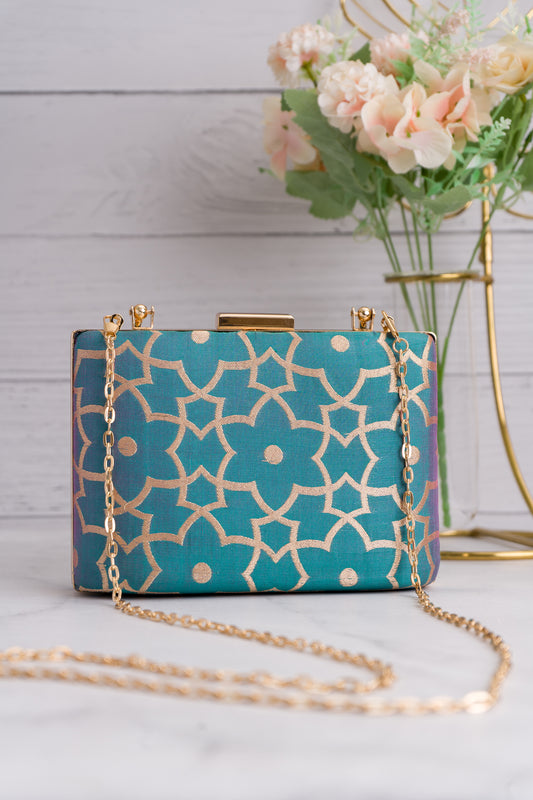 Dhoop Chav Zari Jaal Sea Blue Clutch