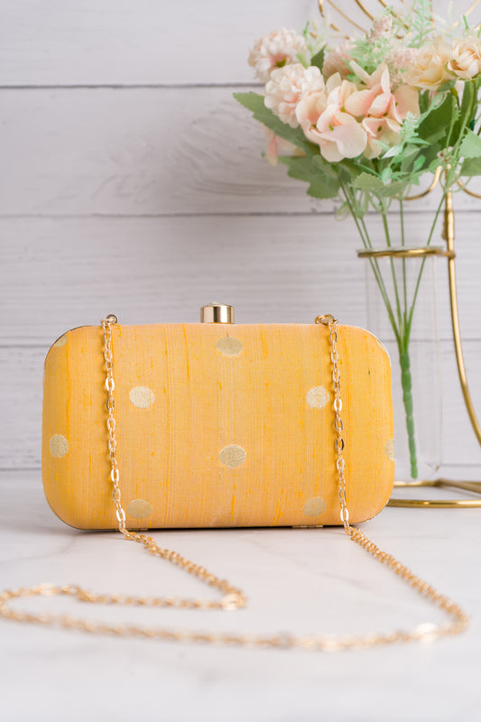 Yellow Raw Silk Zari Boota Clutch