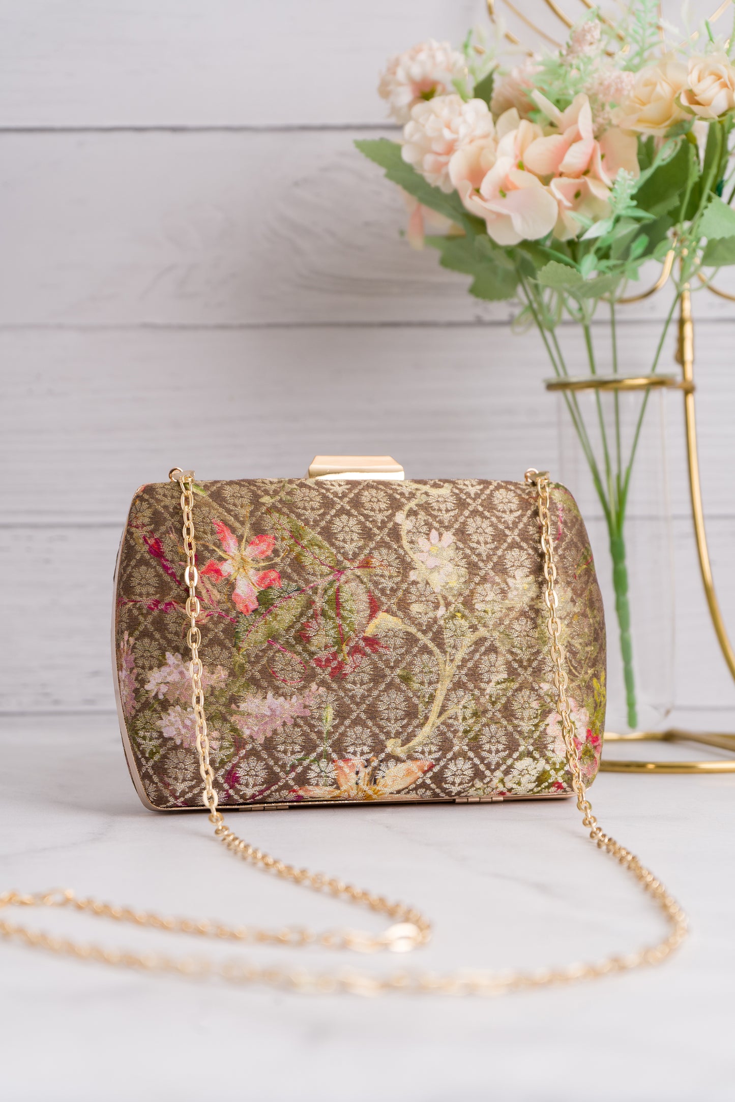 Digital Print Checks Floral Weaving Clutch