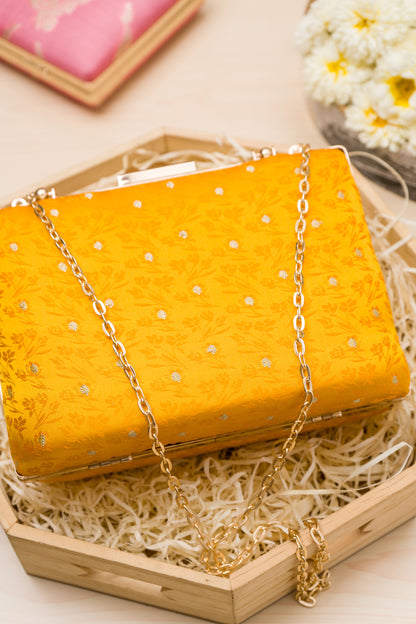 Resham Tanchoi Zari Booti Yellow Clutch