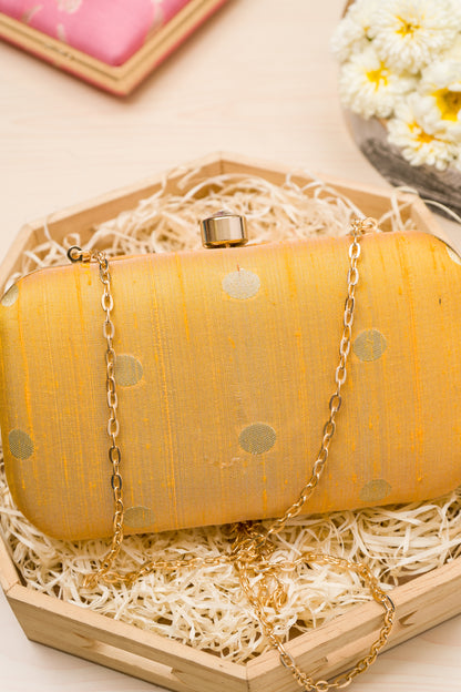 Yellow Raw Silk Zari Boota Clutch