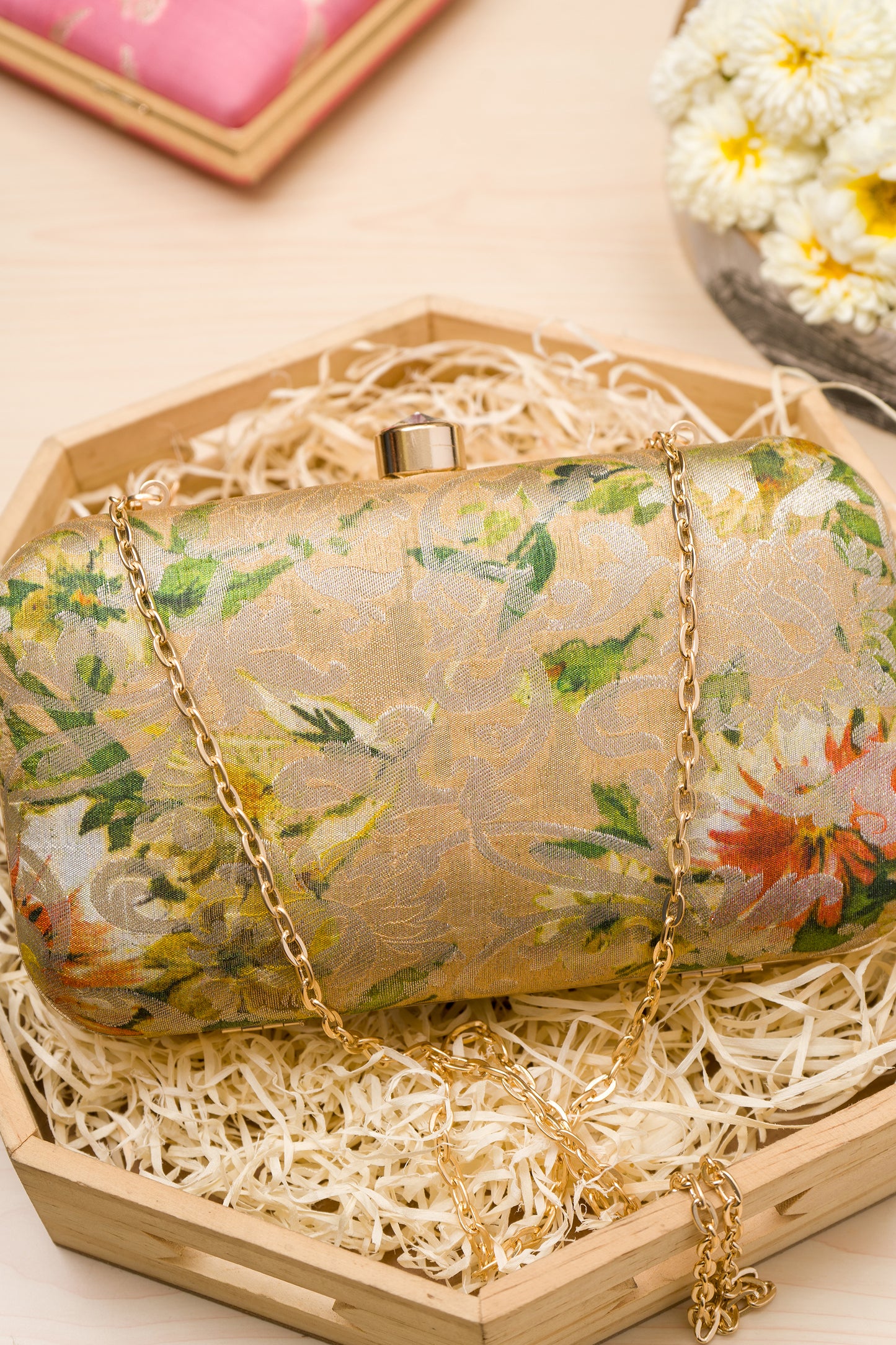Digital Print Weaving Golden Clutch