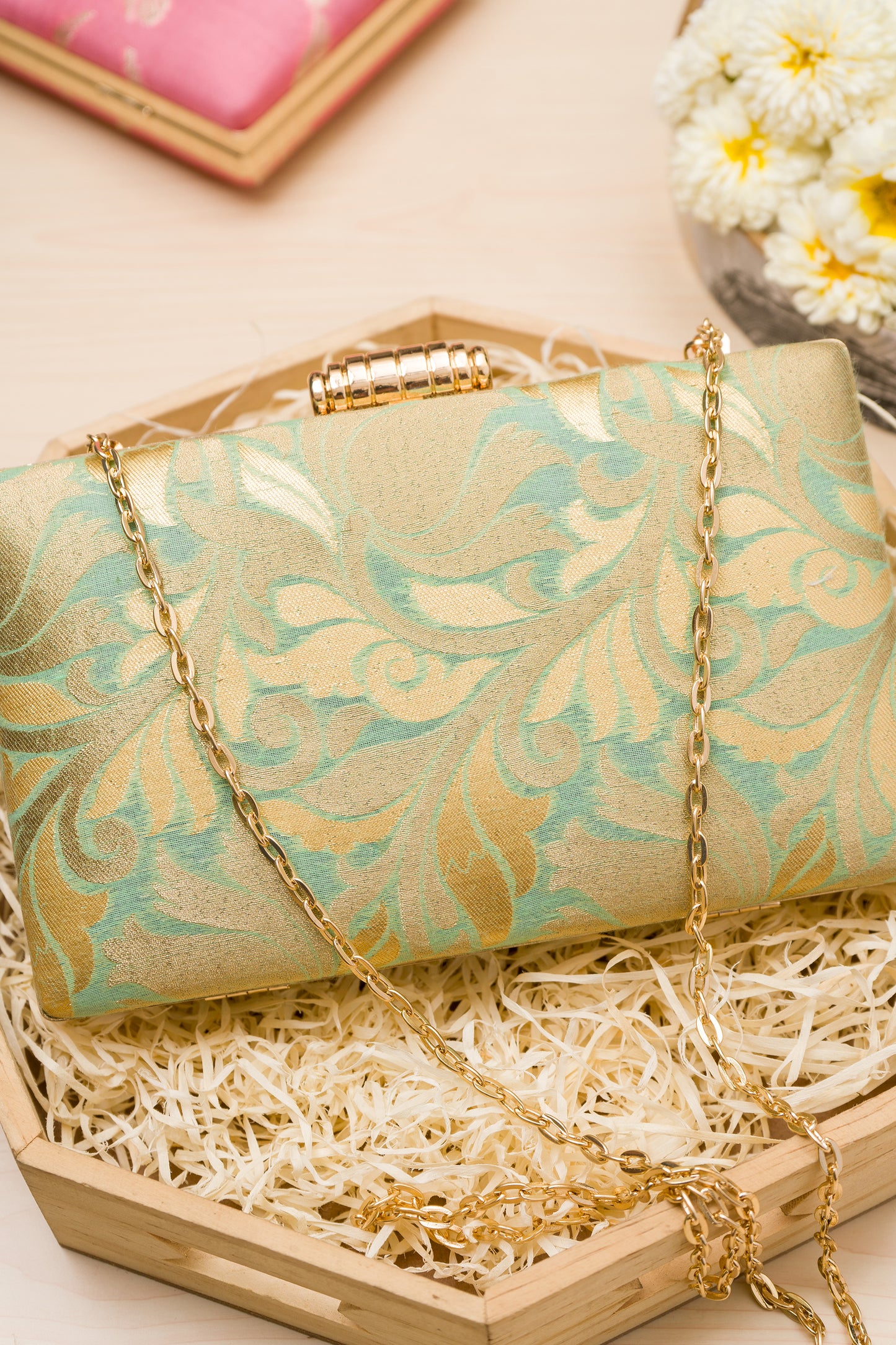 Green Antique Golden Jaal Clutch