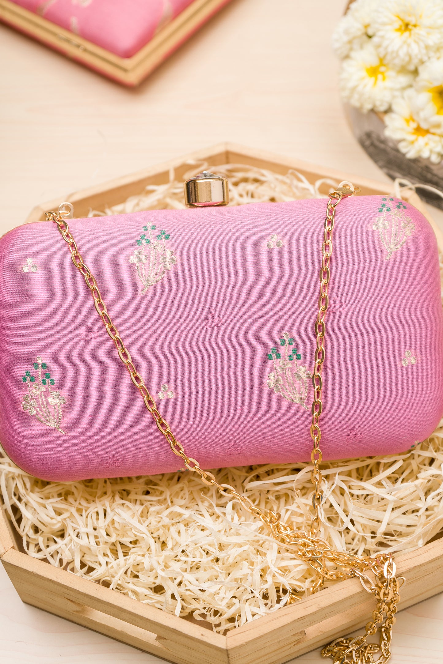 Baby Pink Meenakari Green Clutch