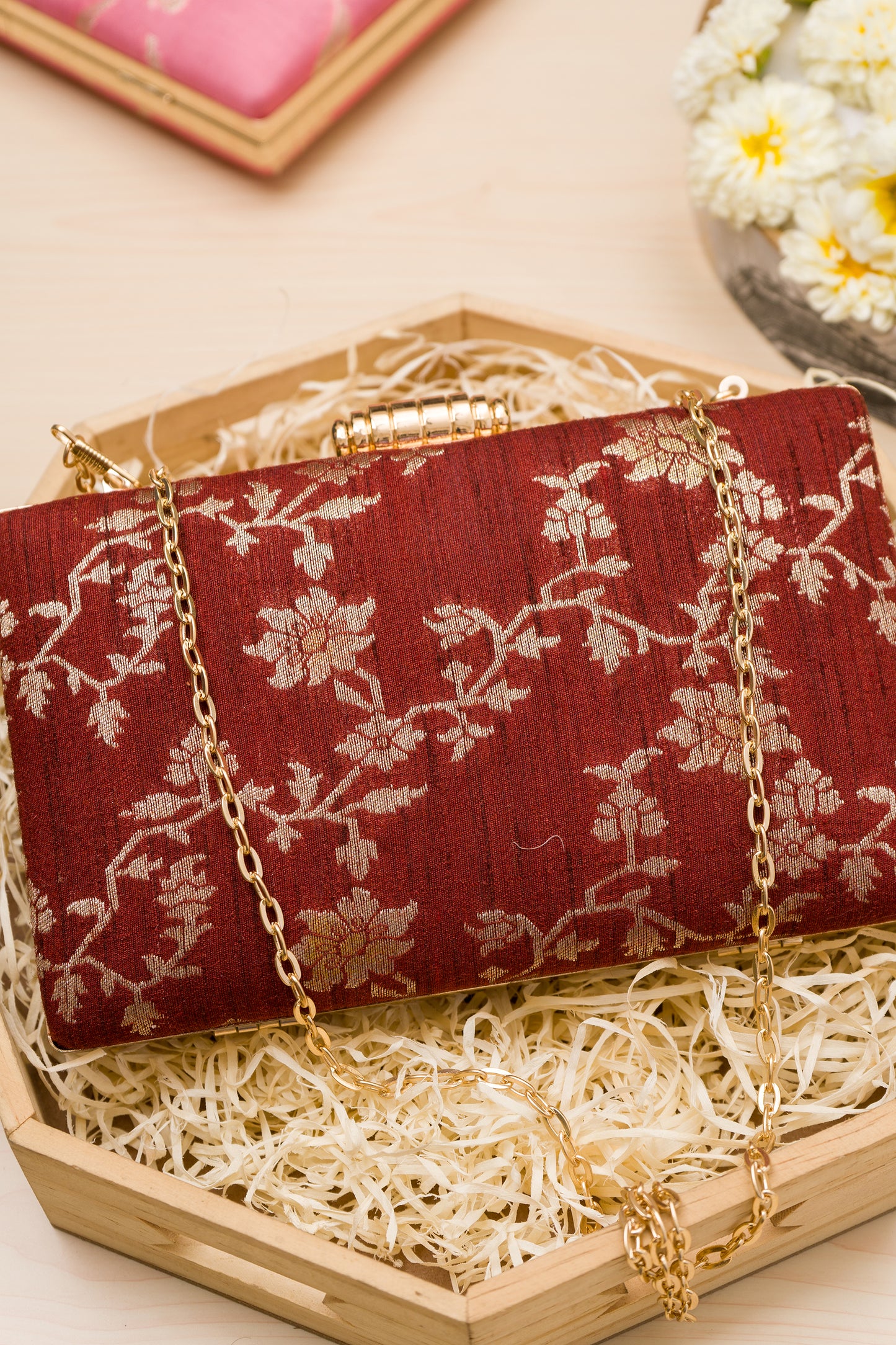 Raw Silk Silver Jaal Maroon Clutch