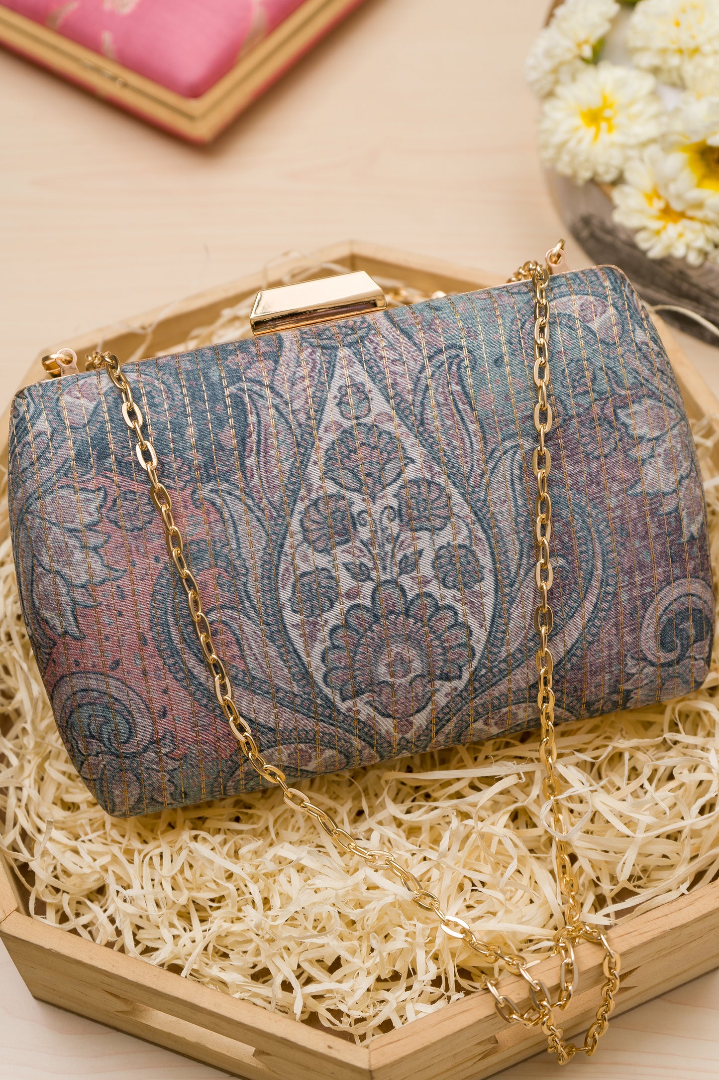 Digital Print Zari Stripes Grey Clutch