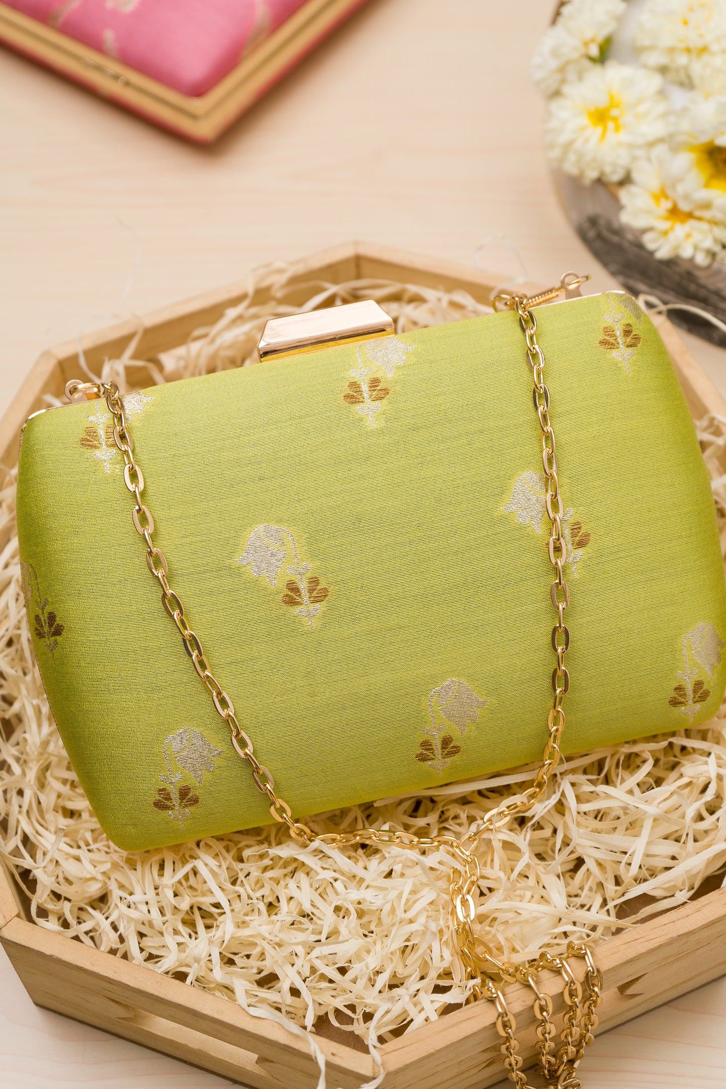 Mulberry Pastel Green Leaf Zari Clutch