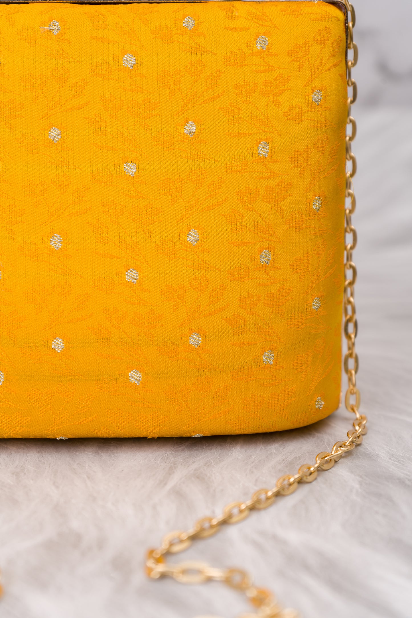 Resham Tanchoi Zari Booti Yellow Clutch