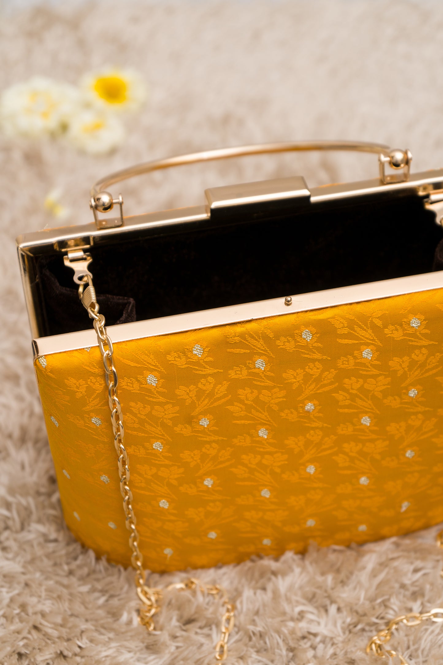 Resham Tanchoi Zari Booti Yellow Clutch