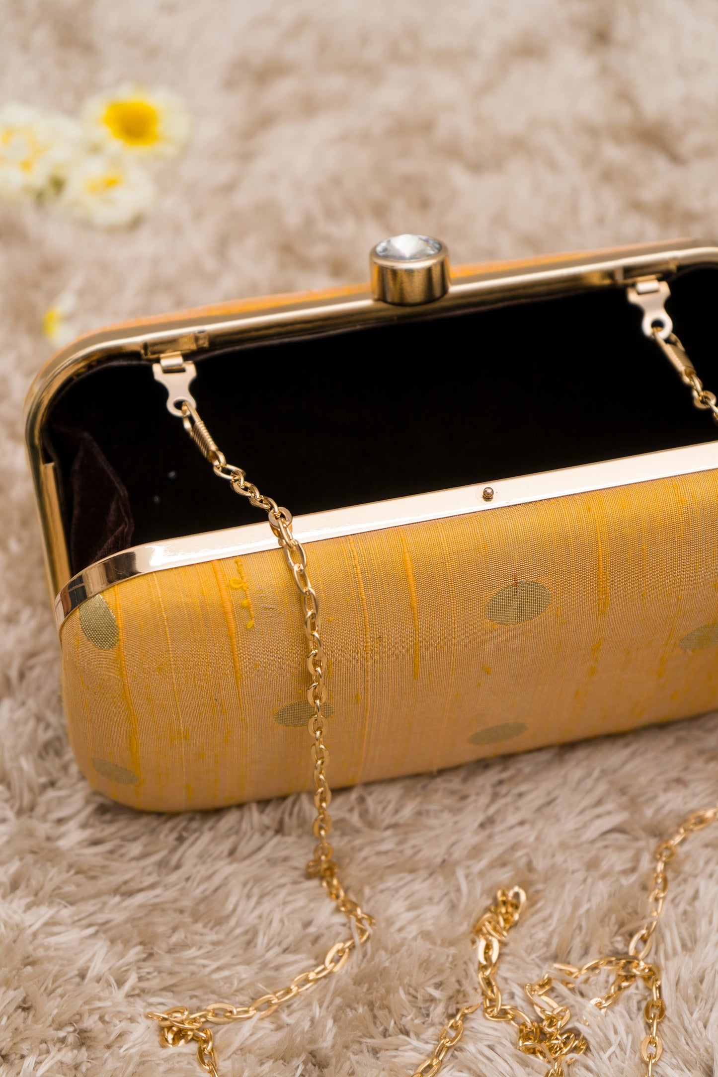 Yellow Raw Silk Zari Boota Clutch