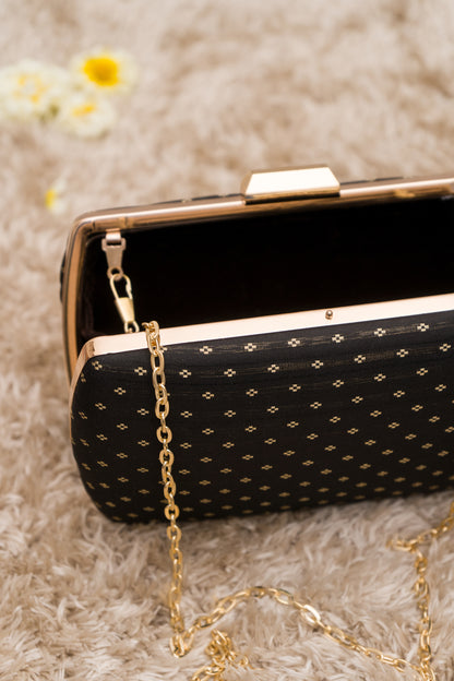 Black Raw Silk Zari Booti Clutch