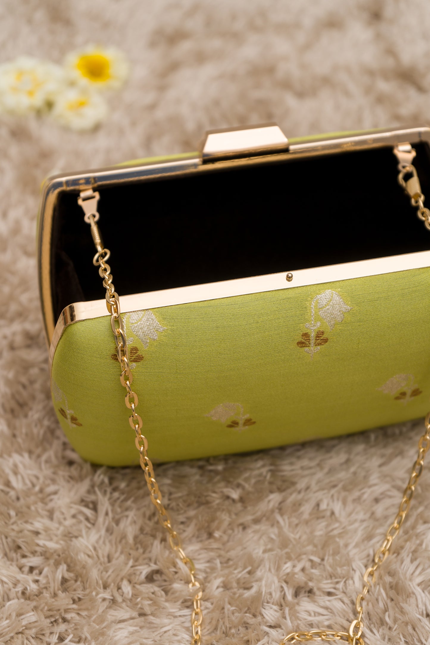 Mulberry Pastel Green Leaf Zari Clutch