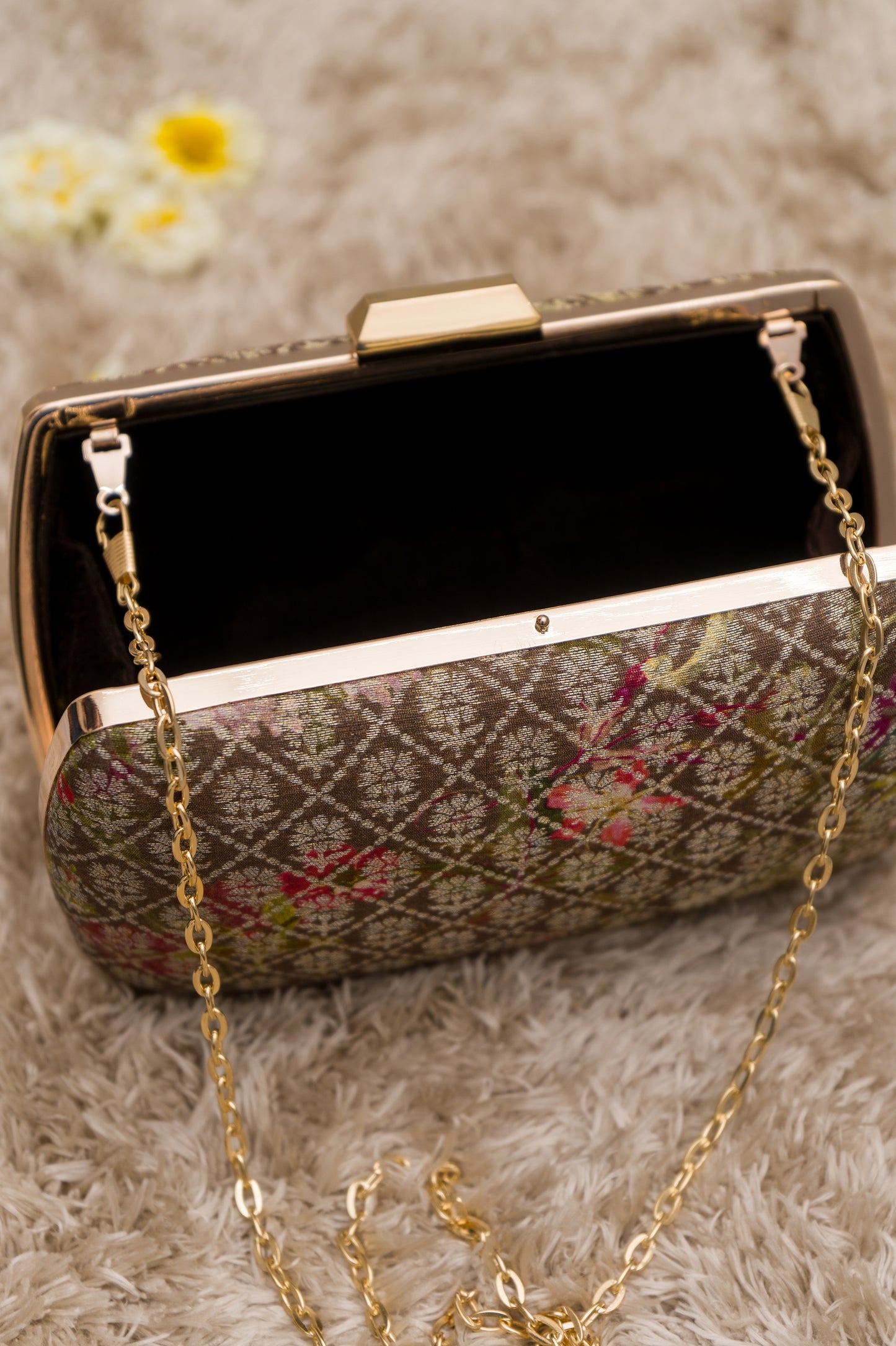 Digital Print Checks Floral Weaving Clutch