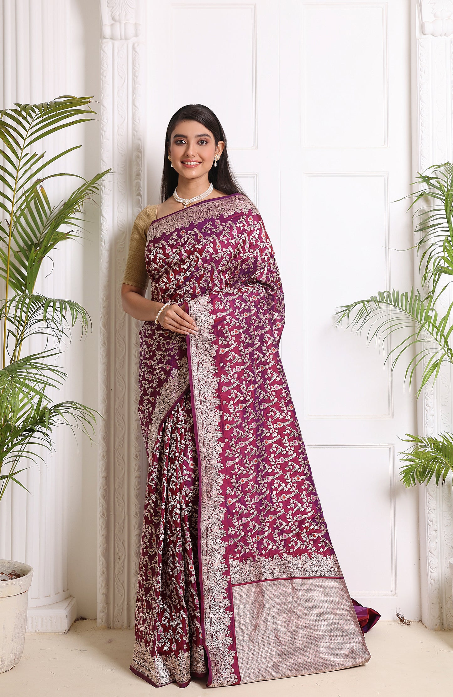 Katan Kadhua Meenakari Jangla Saree – Dhoop Chaav Purple