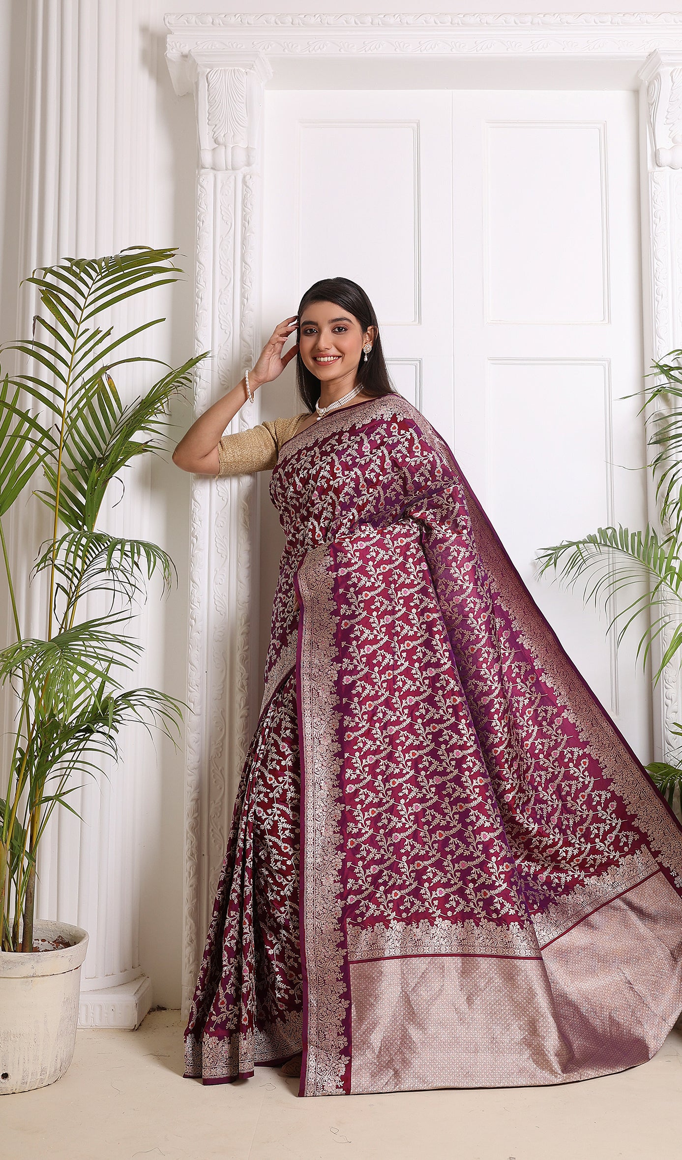 Katan Kadhua Meenakari Jangla Saree – Dhoop Chaav Purple