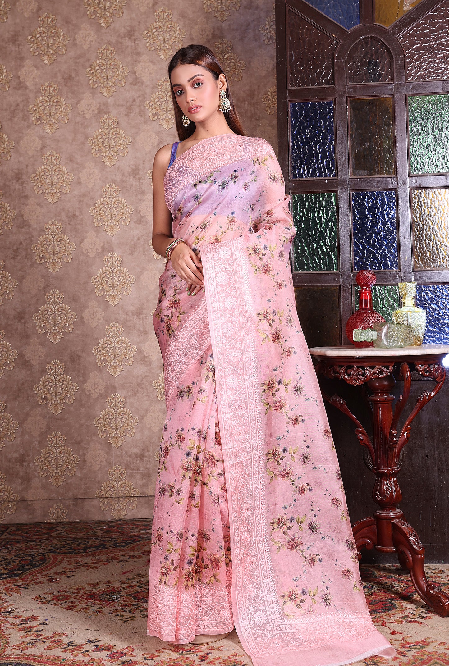 Kora Printed Lucknowi Saree (Baby Pink)