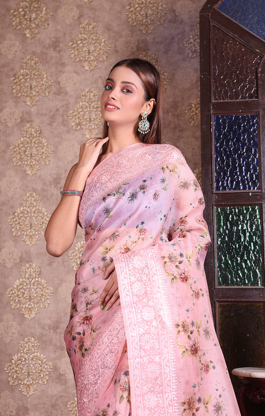 Kora Printed Lucknowi Saree (Baby Pink)