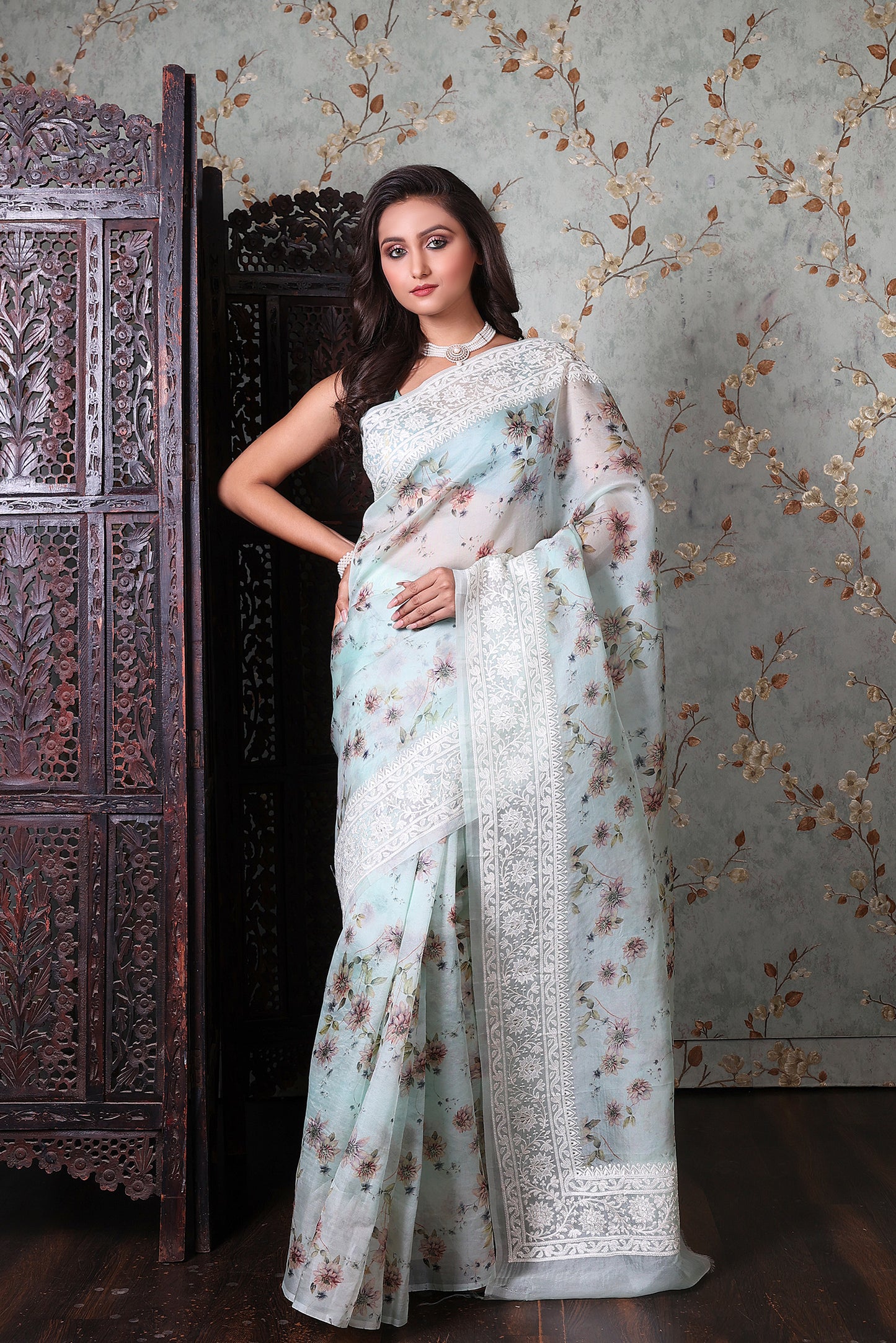 Kora Printed Lucknowi Saree (Teal Blue)