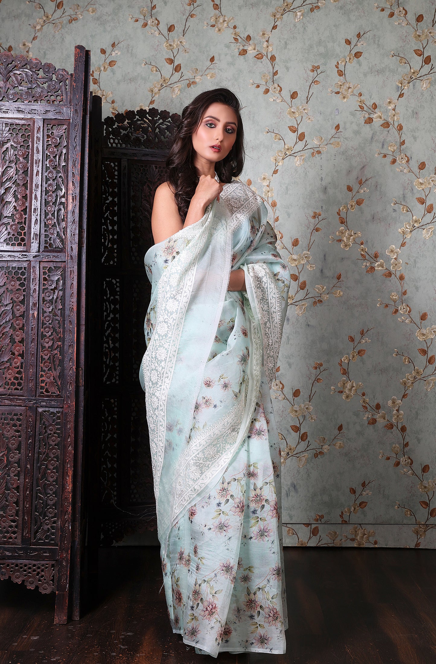 Kora Printed Lucknowi Saree (Teal Blue)