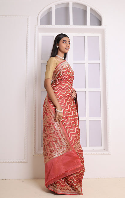 Red Banarasi elegance with intricate motifs, perfect for festive and special occasions