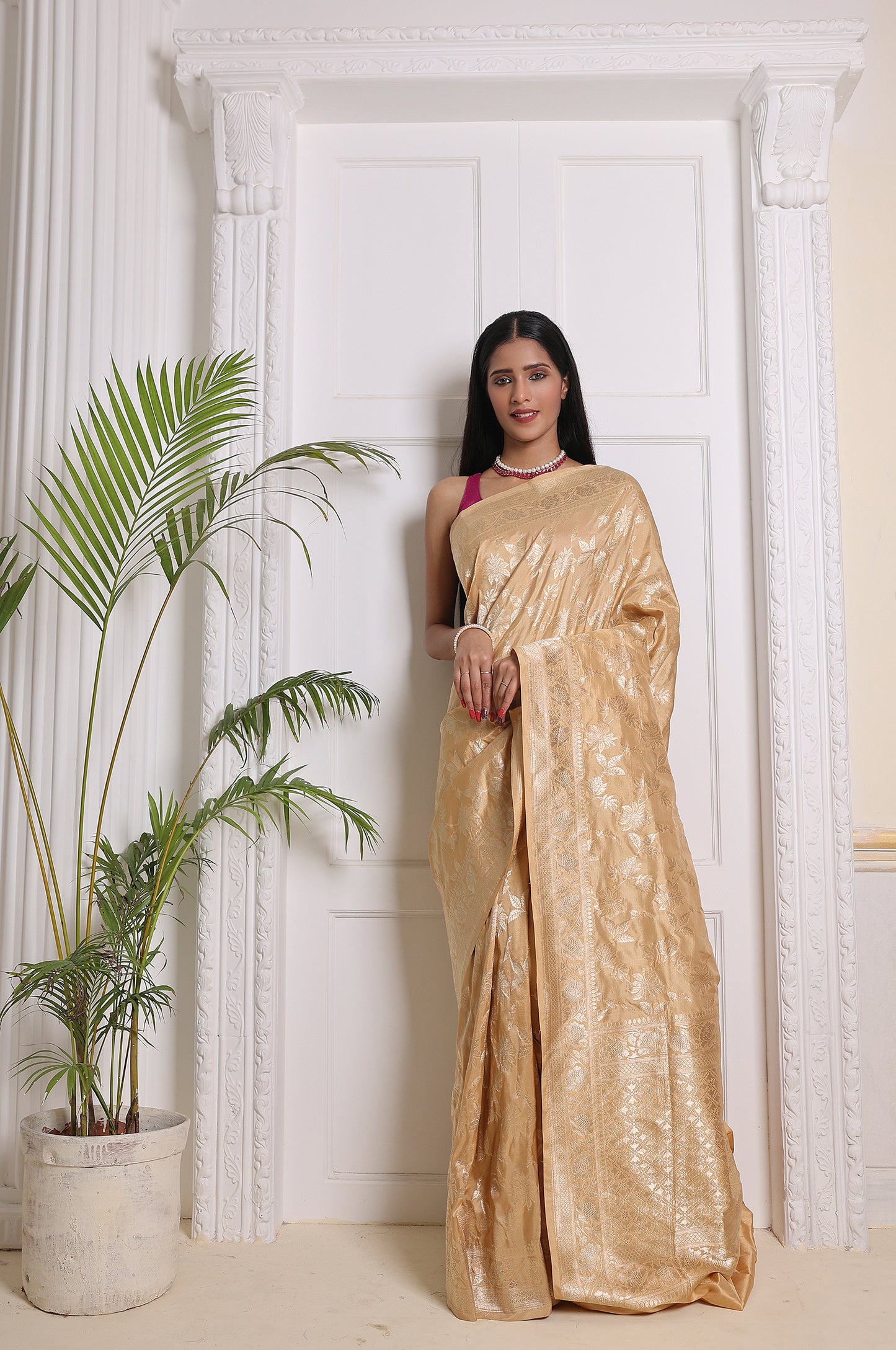 Beige Katan Jaal Upada Saree