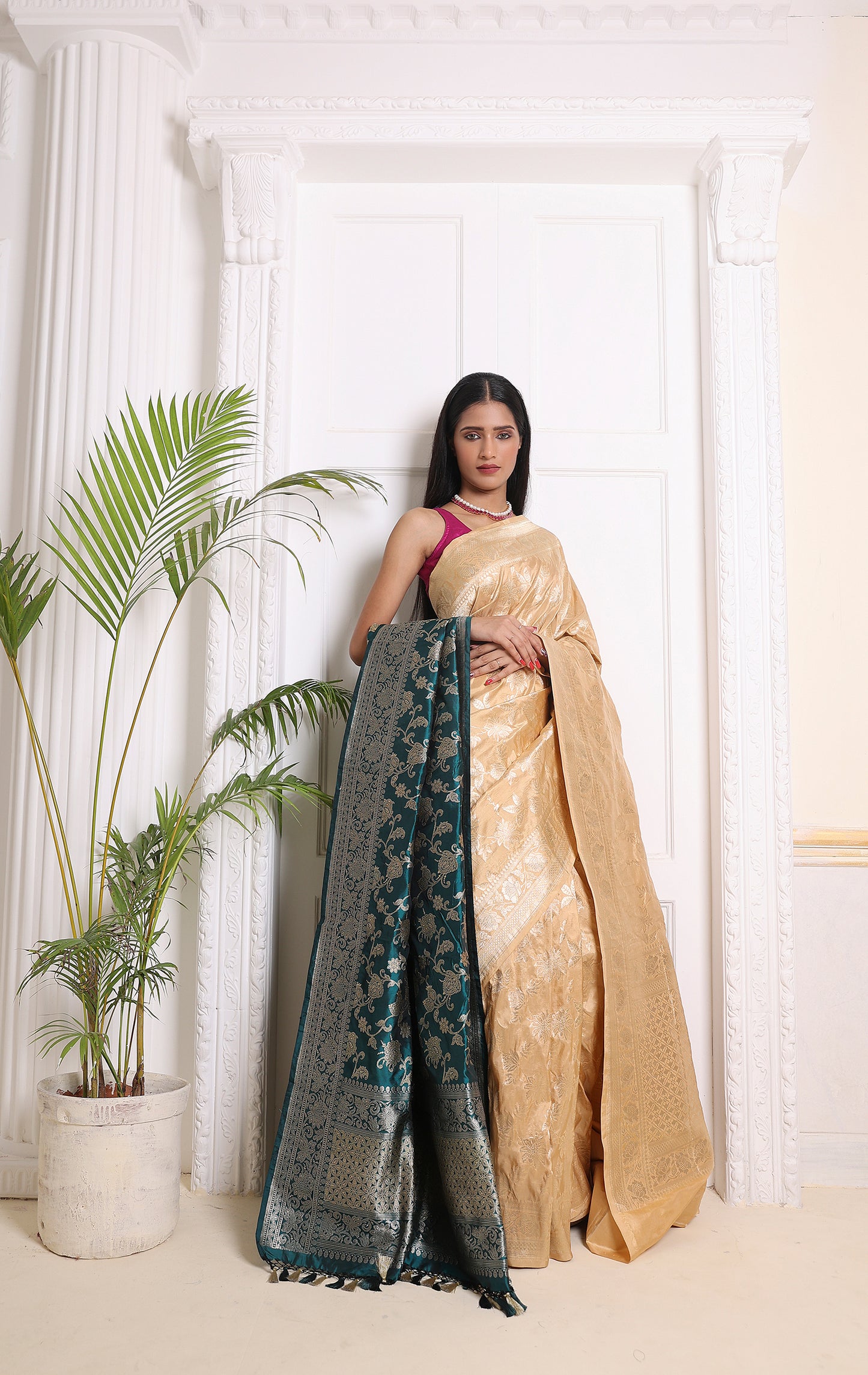 Beige Katan Jaal Upada Saree