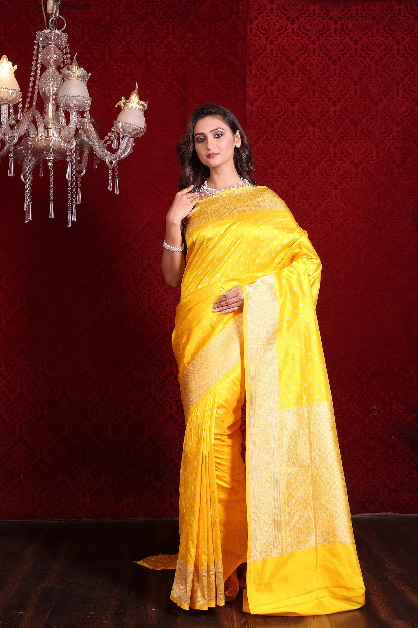 Yellow Booti Katan Silk Saree